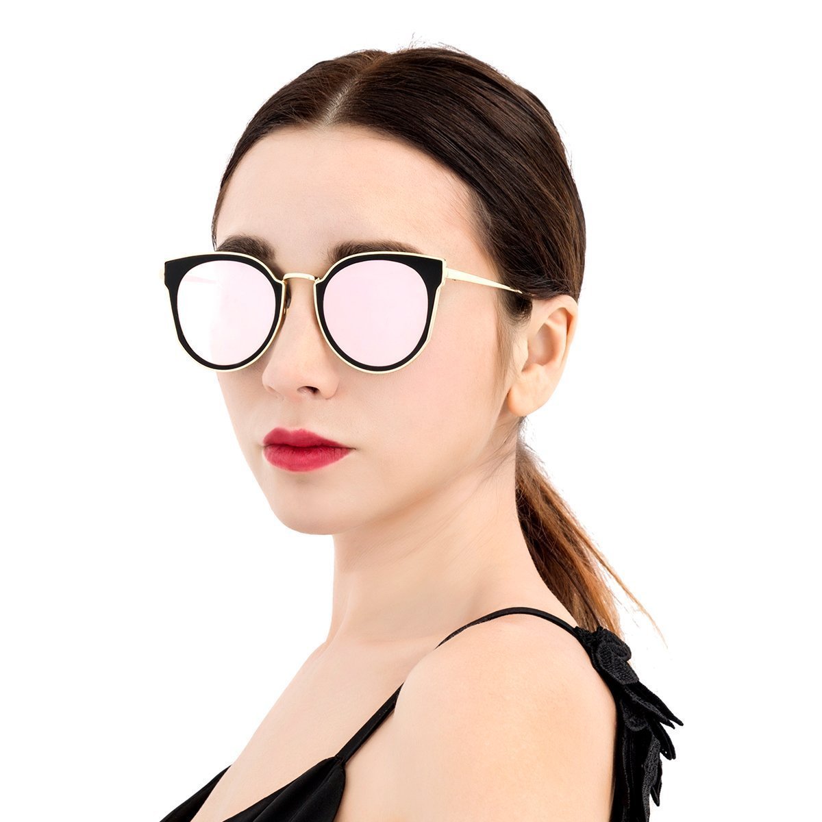 WISH CLUB Cat Eyes Flat Lens Fashion Sunglasses for Women Horn Rimmed with UV 400 Eyewear for Girls Metal Frame Sun Glasses (Pink3) 8059