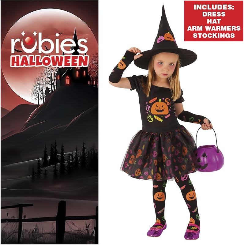 Disfarce de Bruxa Doce para rapariga, vestido de bruxa com mangas, meias e chapéu com desenhos de curgetes estampados, Original, Ideal para Halloween, Carnaval e Aniversários — foto 2 de 7