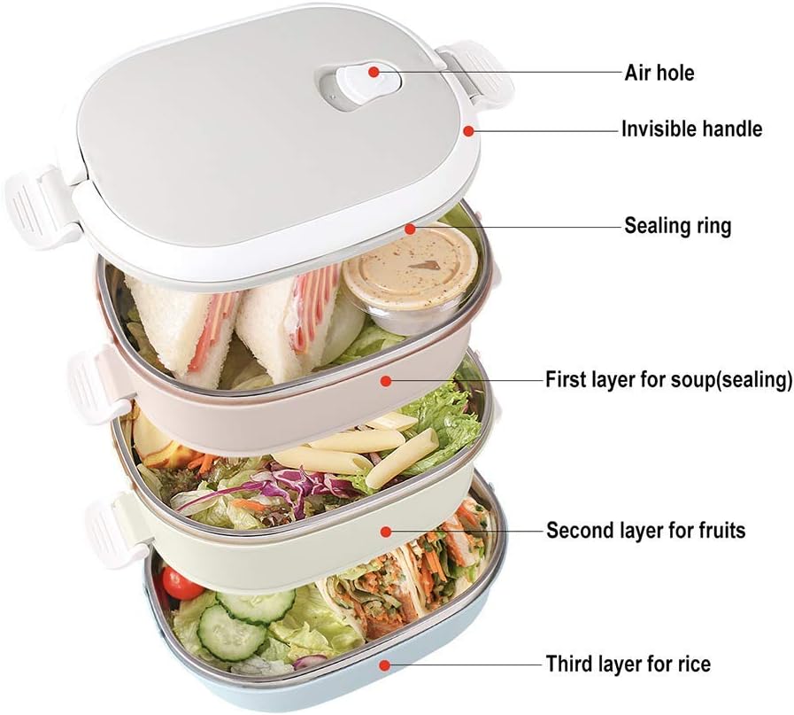 MTBH PMTBHStainless Steel Insulated Lunch Box, Home Work to School Can Stack Multi-Layer Insulation Lunch Box