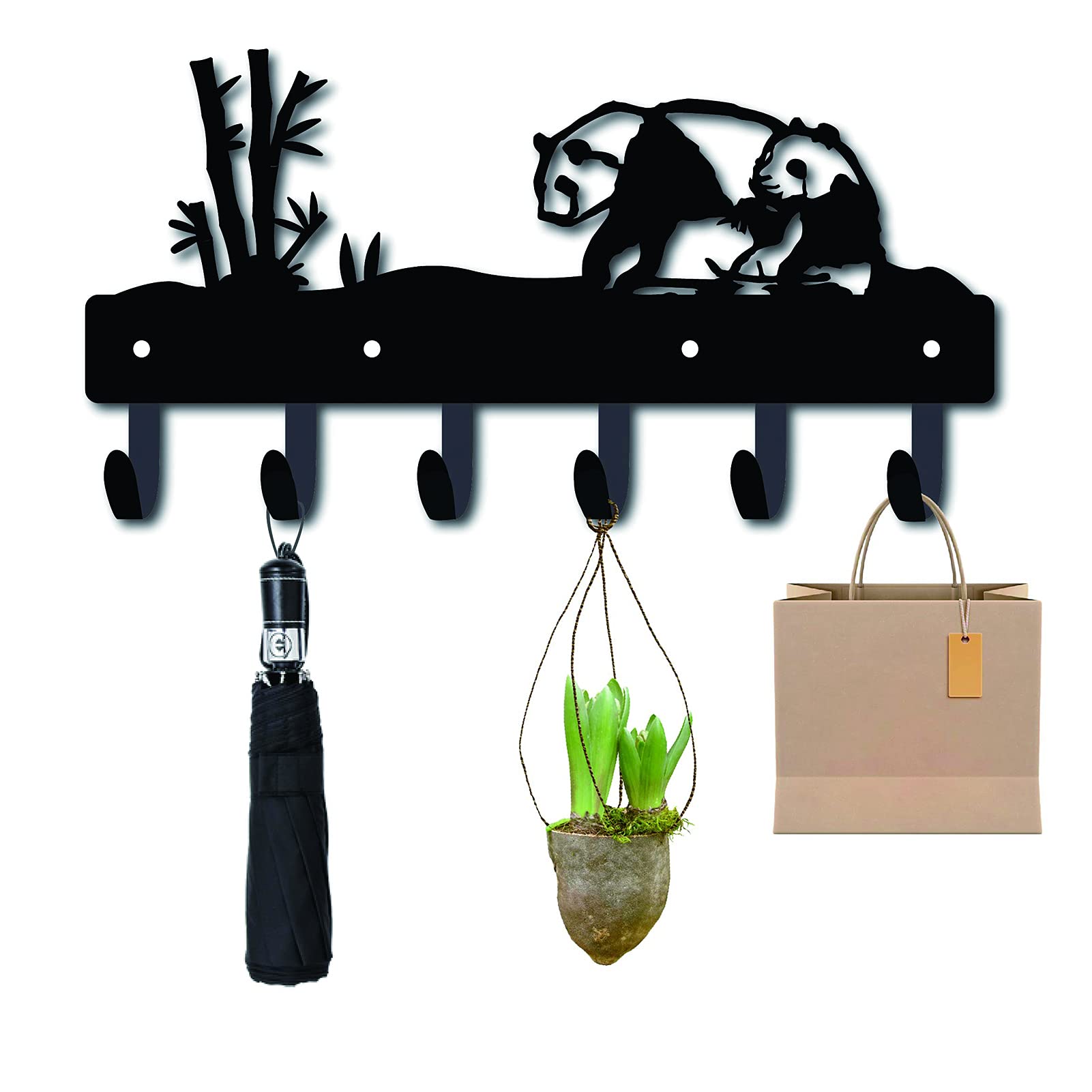 CREATCABIN Key Holder Decorative Coat Hooks Wall Mounted Metal Key Hooks Towel Racks with 6 Hooks Pandas and Bamboos Design Iron Key Hanger for Wall, Bathroom, Kitchen, Entryway