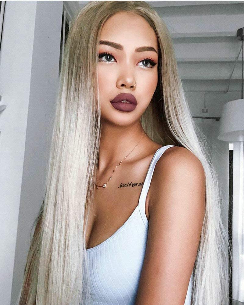 RainaHair Silky Straight Long Blonde Wig with Pale Roots Synthetic Lace Front Wigs Natural Hairline Heat Resistant Fiber Ombre Wigs for Women Replacement Wig