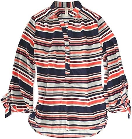 Tacera - Women's - Prints - Tie Bell-Sleeve Woven Poly Tunic Henley Blouse (Large, Navy/Orange Striped)
