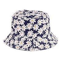 BYOS Reversible Packable Summer Daisy Printed Cotton Bucket Sun Hat,Various Patterns (Daisy Navy)