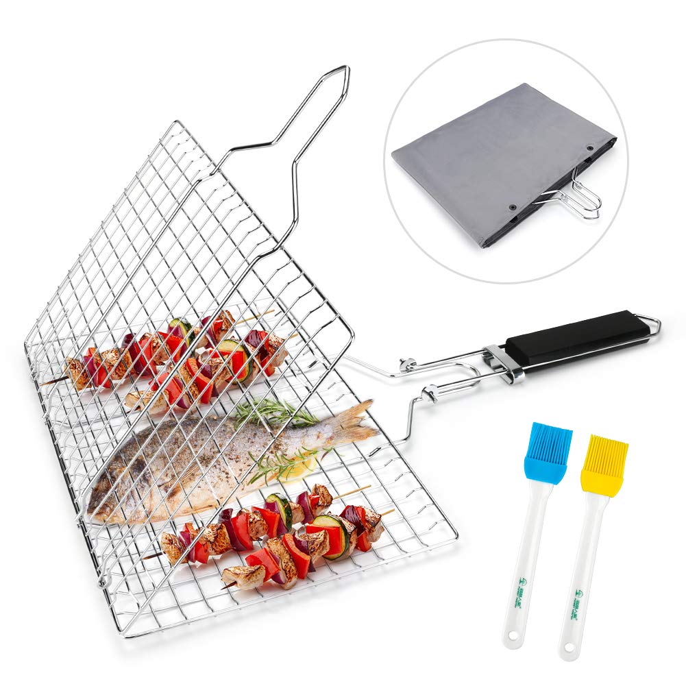 E-More BBQ Grilling Basket, Portable Foldable Stainless Steel Barbecue Grill Basket for Roast Fish Vegetables Shrimp Steak, with Detachable Wooden Handle, 2 Basting Brushes & Storage Bag, 32x22cm
