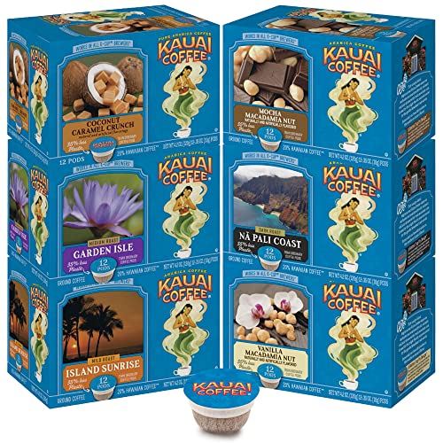Kauai Coffee Variety Pack of 6, 12 Single Serve Pods, 1 Coconut Caramel