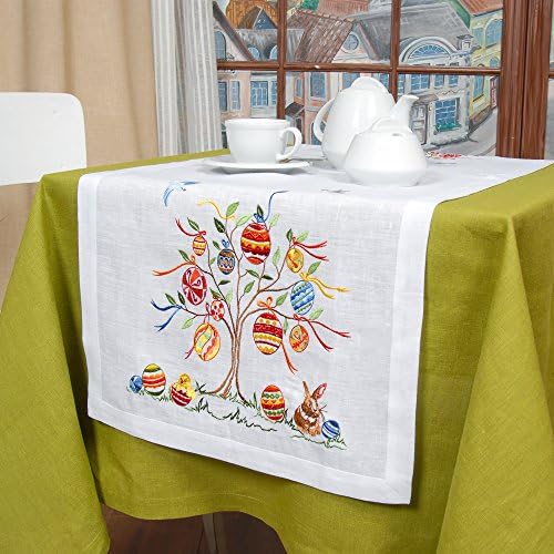 Embroidered Holiday Decoration Linen Table Runner — 55 x 18 inch (140 x 45 cm) — White — Easter Tree — 100% Flax Linen — by Organic Linen
