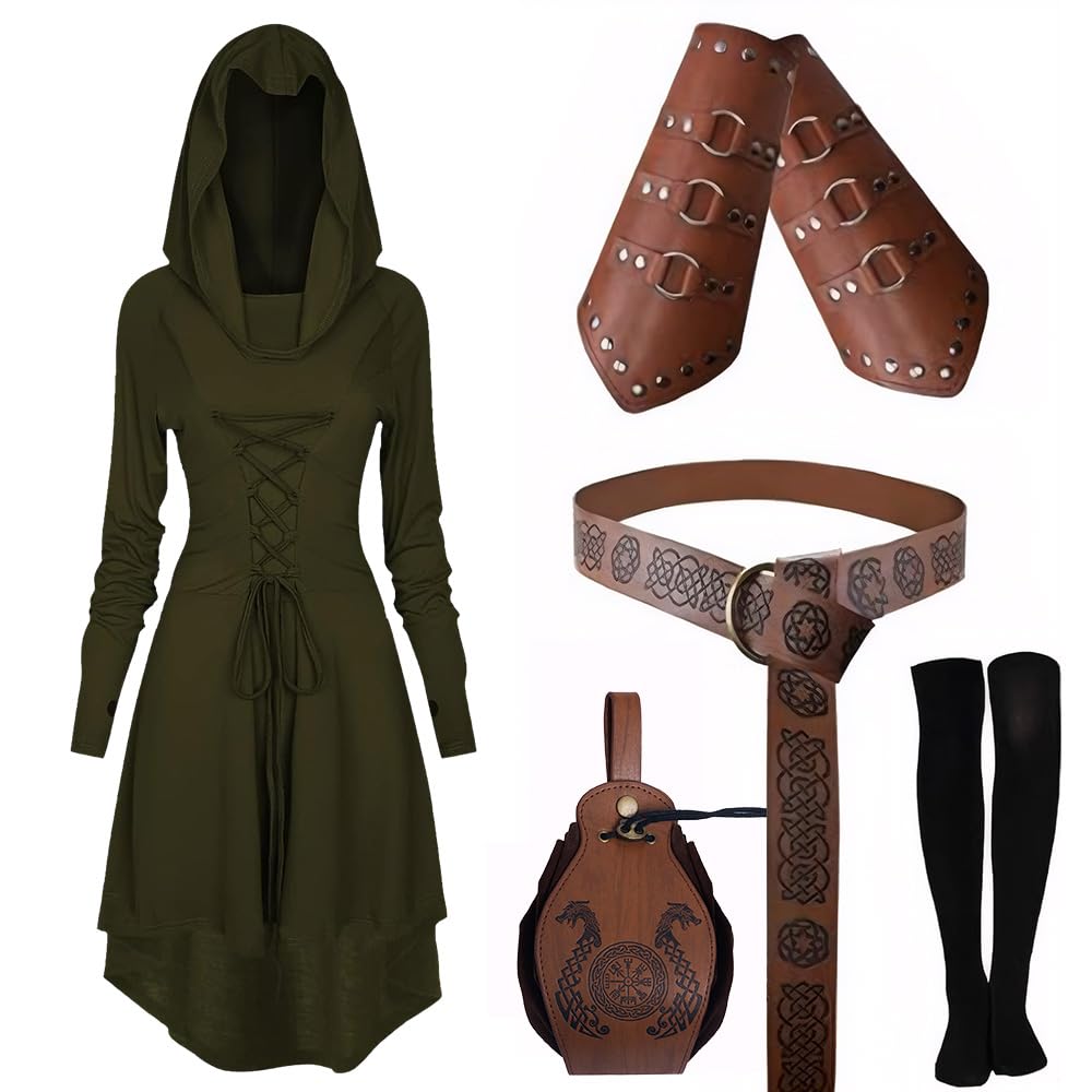 CNVAUIE Women's Medieval Hooded Dress Renaissance Costume Set with Arm Guards, Belt, Belt Bag, Stockings, Accessories (Green, S) — image 1