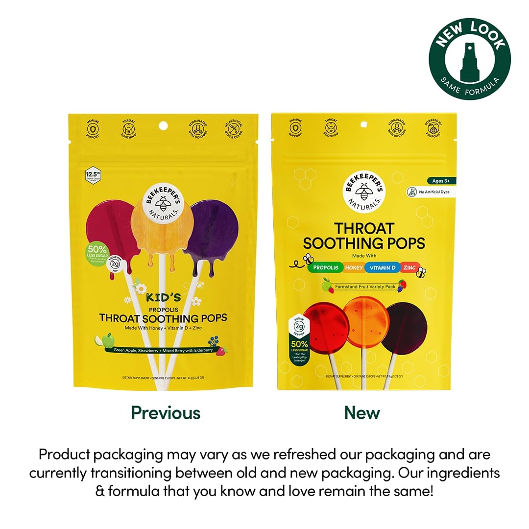 Kids Throat Soothing Lollipops by Beekeeper's Naturals - Doctor Formulated Immune Support, Vitamin D & Honey, Under 2g Sugar, Clean Ingredients,15 ct
