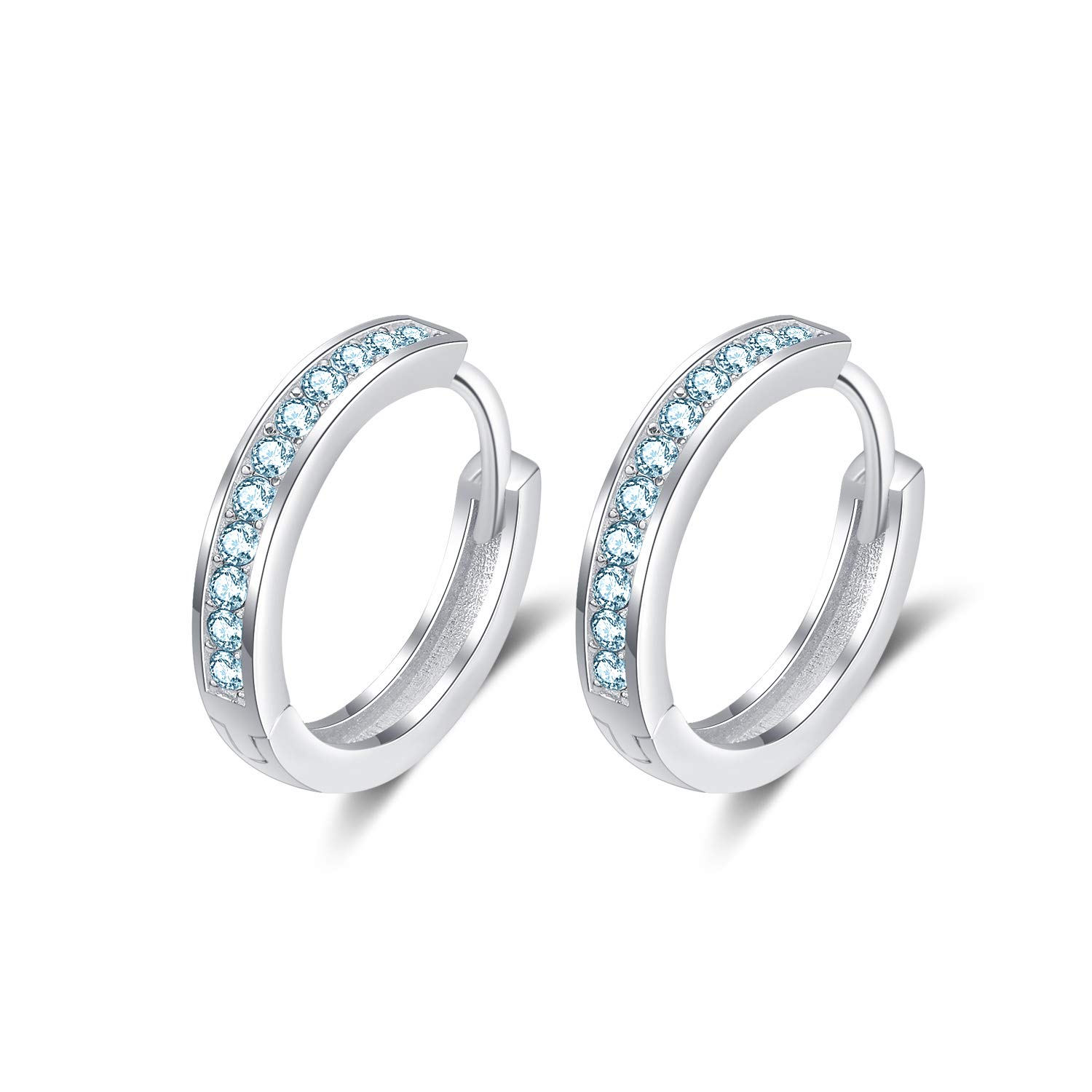925 Sterling Silver Small Huggie Hoop Earrings with Cubic Zirconia Sleeper Earrings for Women Girls (Blue, Sterling Silver)