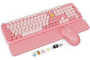 Wireless Keyboard and Mouse Combo with Detachable Magnetic Wrist Rest, Retro Typewriter-Style Keyboard, Round Keycaps, Adjust
