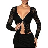 GORGLITTER Women's Lace Tie Front Tops Ruffle Long Sleeve See Through Crop Top Shirt Sexy Sheer Mesh Blouse