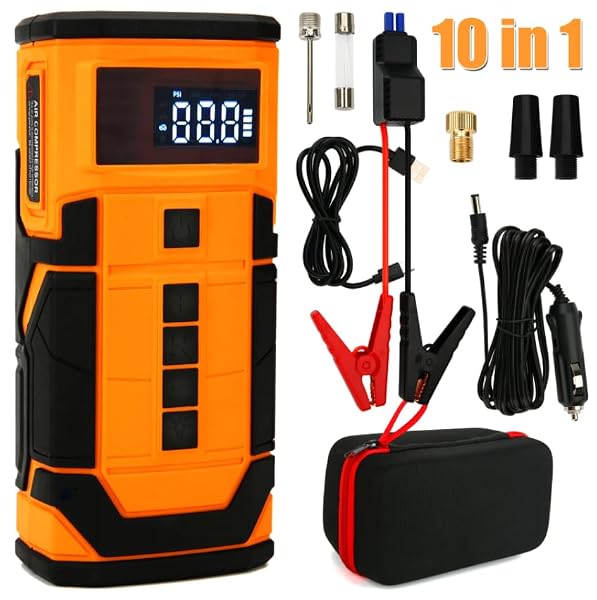 CAR JUMP STARTER WITH AIR COMPRESSOR, 3000A CAR BATTERY JUMPER STARTER PORTABLE (9.0 GAS/6.5L DIESEL) WITH 150PSL DIGITAL TIRE INFLATOR PORTABLE CAR JUMP BOX WITH JUMPER CABLES, CHARGER, LED LIGHT