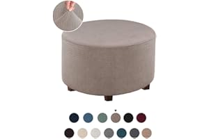 VIENLOVE Round Ottoman Slipcover Polyester Blend Footstool Protector Covers Stretch with Elastic Bottom Feature Textured Machine Washable Jacquard Fabric (Taupe, X-Large Size)