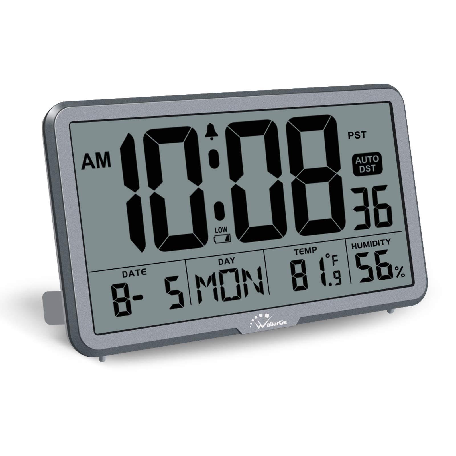 WallarGe Digital Wall Clock, Autoset Desk Clocks with Temperature, Humidity and Date, Battery Operated Digital Wall Clock Large Display, 8 Time Zone, Auto DST. (Grey)