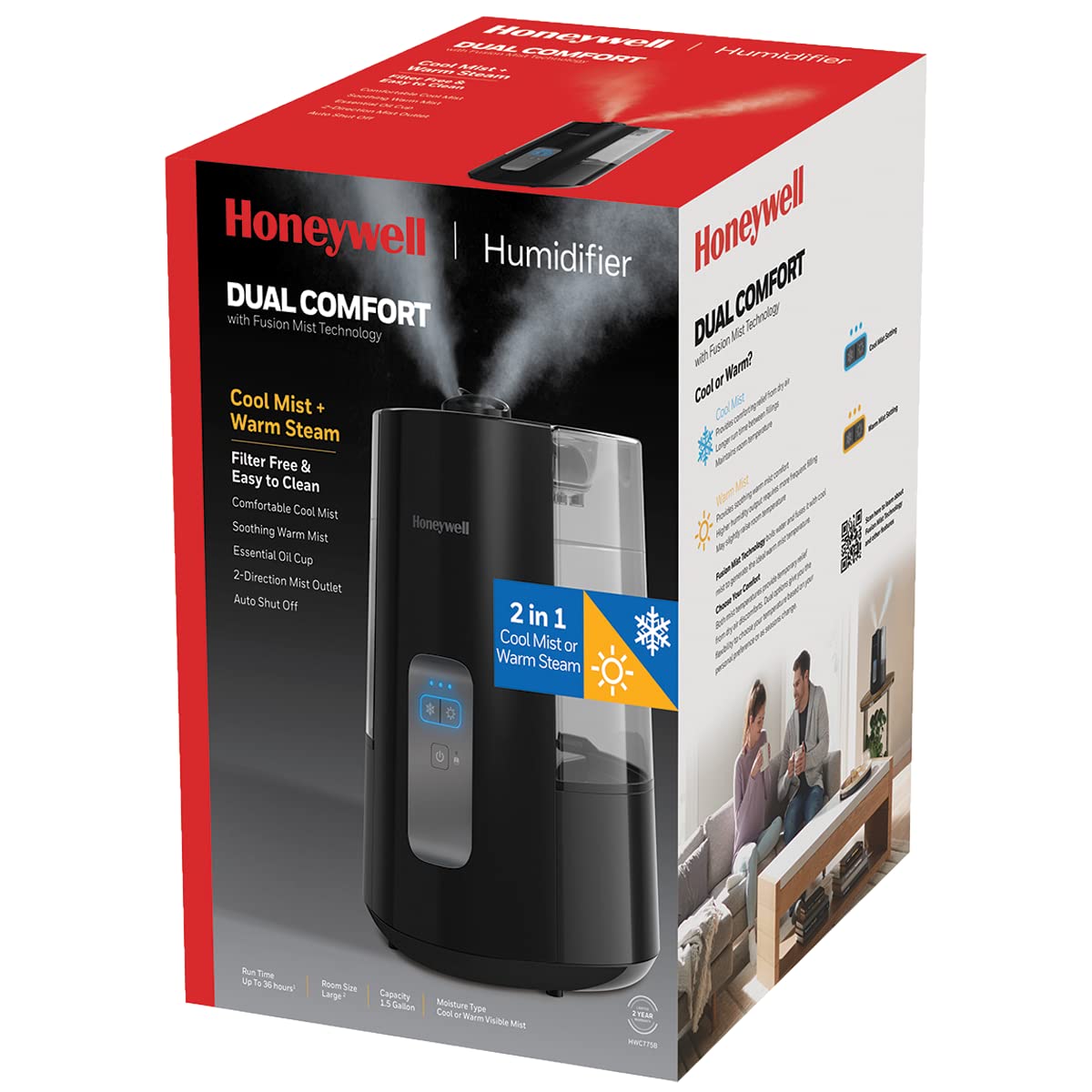Honeywell Dual Comfort Cool + Warm Mist humidifier. Humidifier for Bedroom, Office, Living Room and Home. Provides Temporary Relief from Dry air discomforts - Black, HWC775B