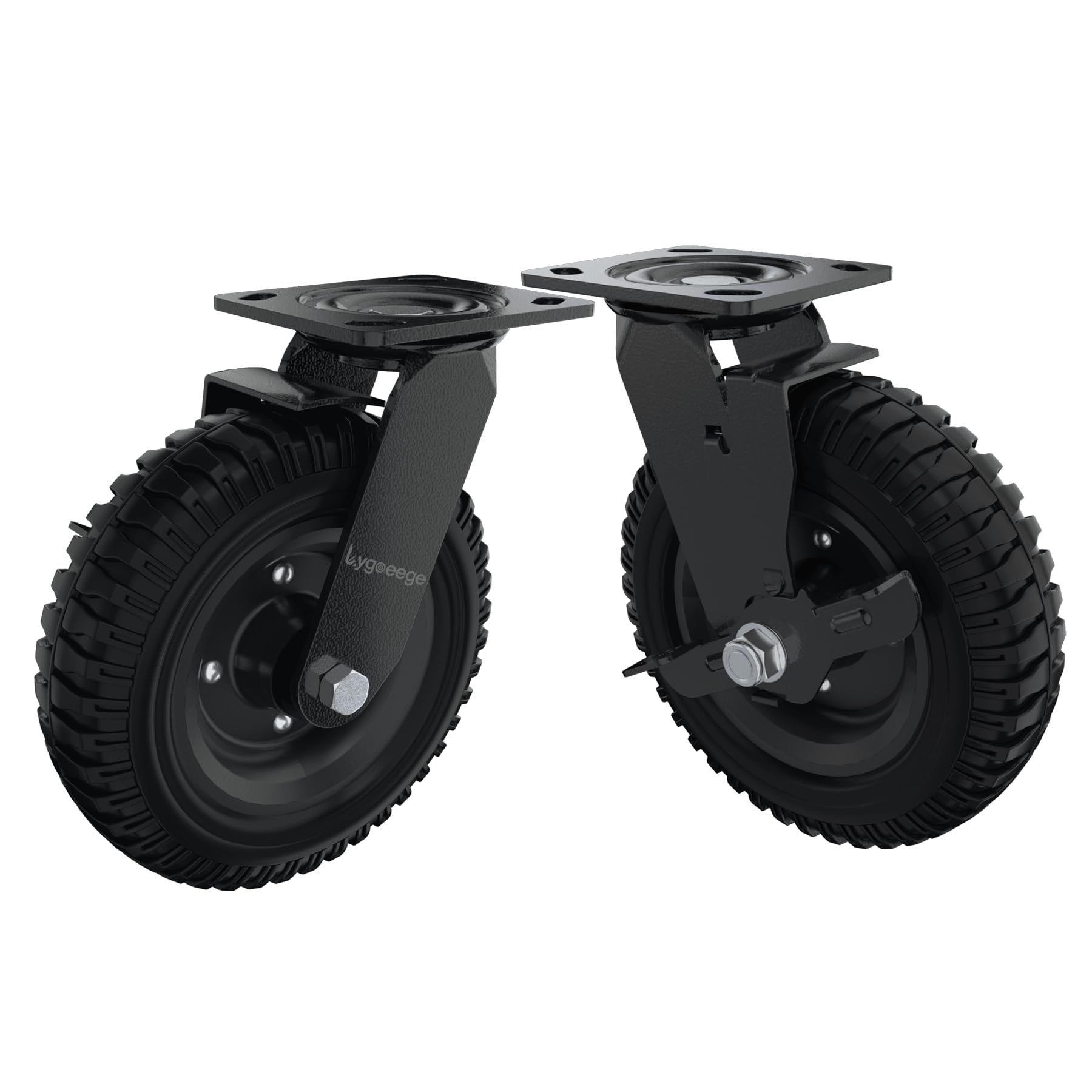 Photo 1 of Lygoeege Swivel Heavy Duty Caster Wheel, 8 Inch*2, 1000lb Capacity, Black Rim, Solid Rubber, Cast Iron,Brake Casters,Outdoor, Flat Free for Carts, Dolly, Workbench,Trolley,DIY Tools