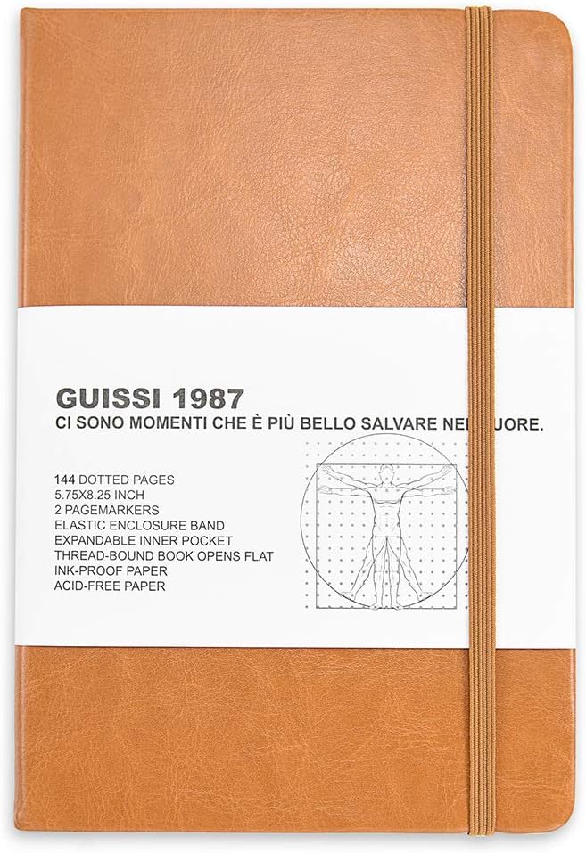 Guissi Classic Dotted Grid Bullet Notebook Journal Dot Hard Cover A5 Premium 80gsm Thick Acid-Free Paper with Fine Inner Pocket Faux Leather Office School Supplies 144 Pages Desgned in Florence