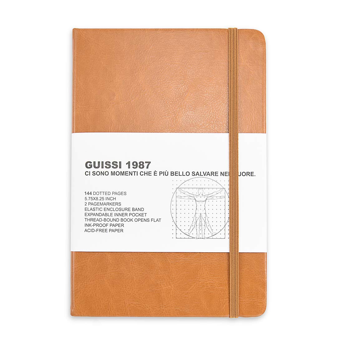 Guissi Classic Dotted Grid Bullet Notebook Journal Dot Hard Cover A5 Premium 80gsm Thick Acid-Free Paper with Fine Inner Pocket Faux Leather Office School Supplies 144 Pages Desgned in Florence