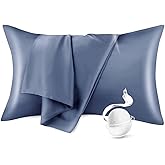 100% Pure Mulberry Silk Pillowcase for Hair and Skin, King Size 20”*36” Cooling Silk Pillow Case by Zipper Closure, Smooth and Soft Dual Sides Silk Pillow Cover for Women. (Grey Blue,King-1 Pcs)