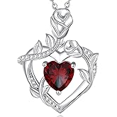 AGVANA Valentines Day Gifts Rose Birthstone Necklace for Women Sterling Silver Rose Flower Heart Necklace Fine Jewelry Anniversary Birthday Gifts for Women Wife Mom Her, Length: 18"+2"