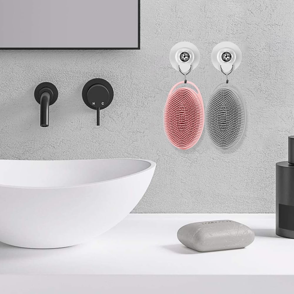 Silicone Body Scrubber, Exfoliating Silicone Loofah, Soft Silicone Body Shower, 2 in 1 Bath and Shampoo Brush, Body Scrubber Shower Cleaning for Sensitive Skin, Lather Well 2 PCS Grey and Pink