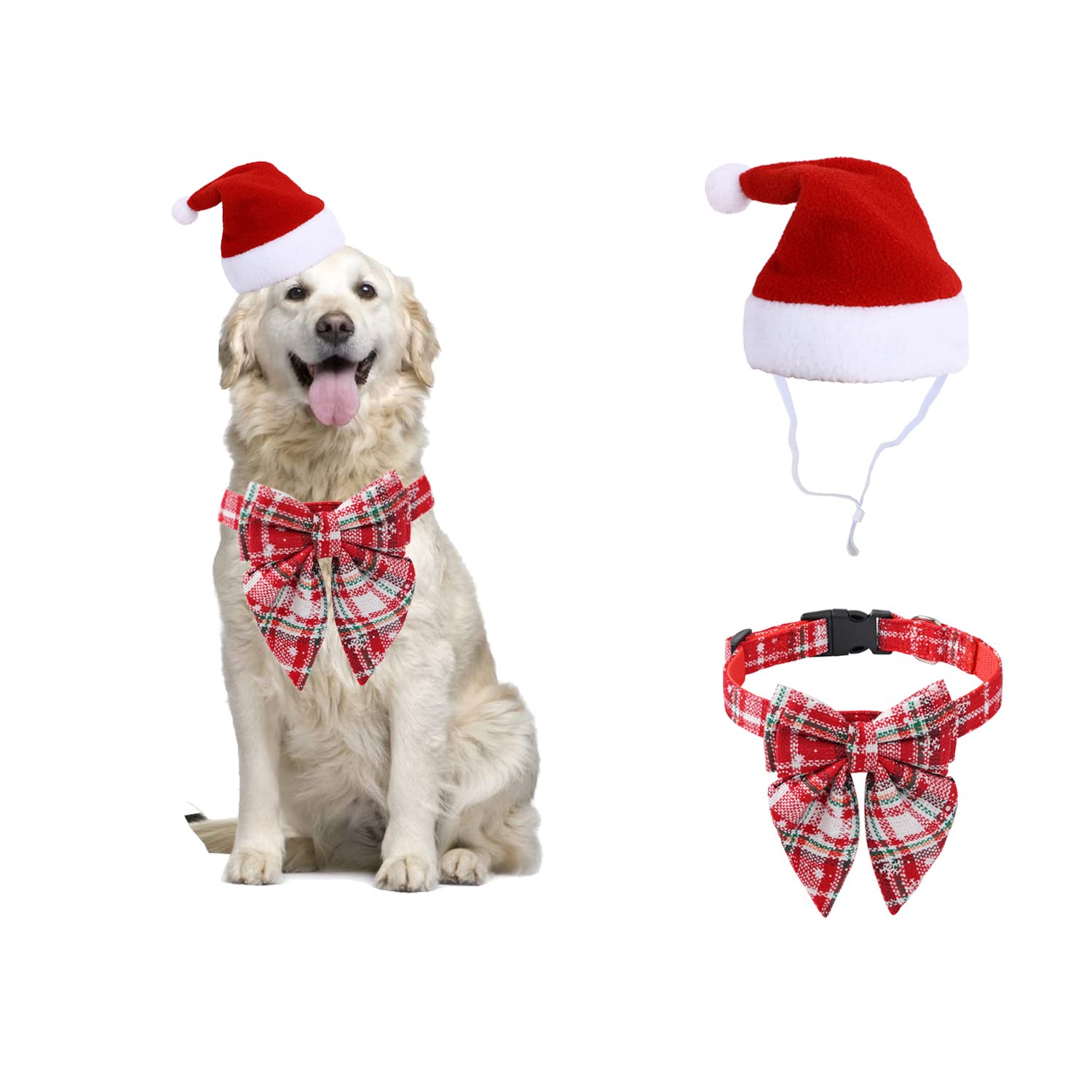 BT Bear 2 Pack Christmas Pet Dress up Dog Snowflake Bow Tie Collar with Santa Hat, Adjustable Pet Xmas Collars for Cats Small Dogs Medium Large Dogs(L,Red)