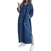 Jofemuho Womens Spring Fall Long Sleeve Denim Maxi Shirt Dress with Split