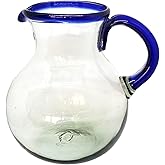 MexHandcraft Cobalt Blue Rim 120 oz Large Bola Pitcher, Recycled Glass, Lead-free, Toxin-Free (Pitcher)