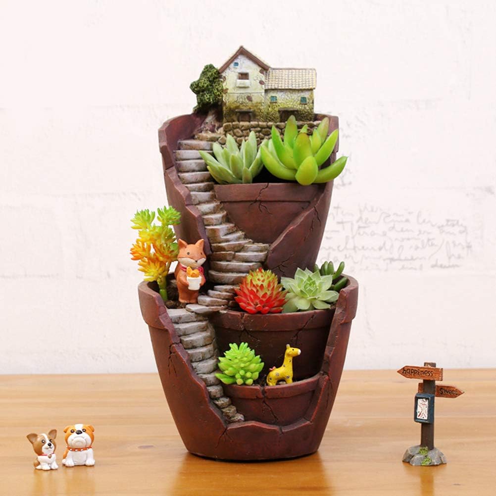 VOSAREA Fairy Garden Pot Micro Landscape Pot Resin Planter with Miniature House for Succulent Plants Micro Landscape Decorations - Image 5
