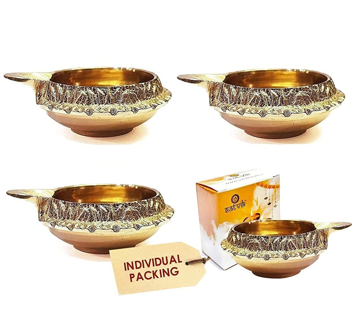 CRAFTSMAN SATVIK 6 Pc Kuber Diya for Diwali Decor. Handmade Oil Lamp Golden Engraved Made of Virgin Brass Metal Vilakku for Puja Pooja. Traditional Indian Deepawali Housewarming Return Gift Items