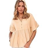 Jenbou V Neck T Shirts for Women Button Down Short Sleeve Tops Ruffle Tiered Loose Fit Peplum Tops