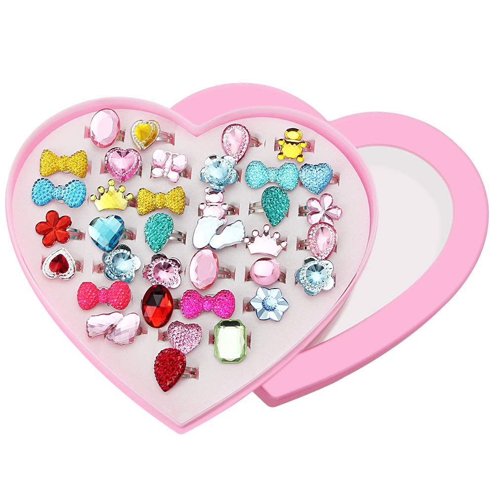 CODIRATO 36 Pcs Rings for Girls Adjustable Rings Princess Dress Up Play Jewelry Ring with Heart Shaped Pink Box