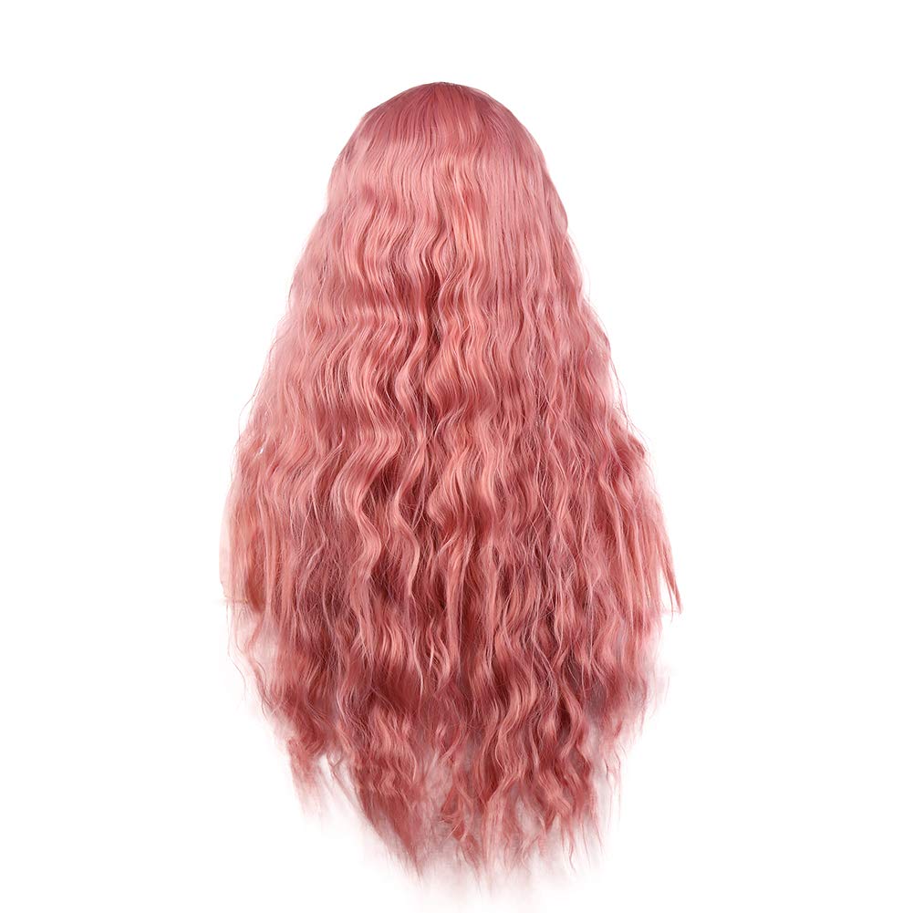 Sallcks Womens Long Curly Wavy Pink Wigs with Bangs Cosplay Costume Full Wigs Synthetic Fiber Replacement Heat Resistant Party Hair Wig with Wig Cap