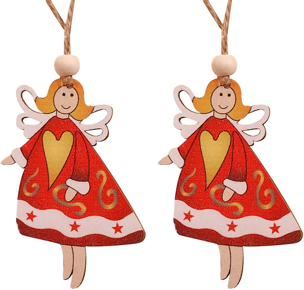 2PC Cute Angel Wooden Hanging Christmas Tree Cabin Elk Car Ornament Xmas Gift Party Home Decor