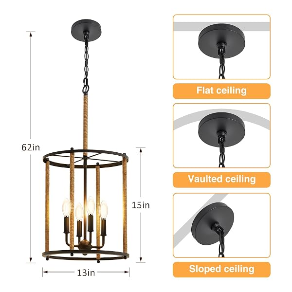 LUVKCZC 4 LIGHT CHANDELIER,FARMHOUSE CEILING LIGHT BLACK LANTERN LIGHT FIXTURES WITH ROPES CAGE ADJUSTABLE HEIGHT RUSTIC HANGING LIGHT E12 BASE FOR KITCHEN ISLAND, DINING ROOM, LIVING ROOM,ENTRYWAY