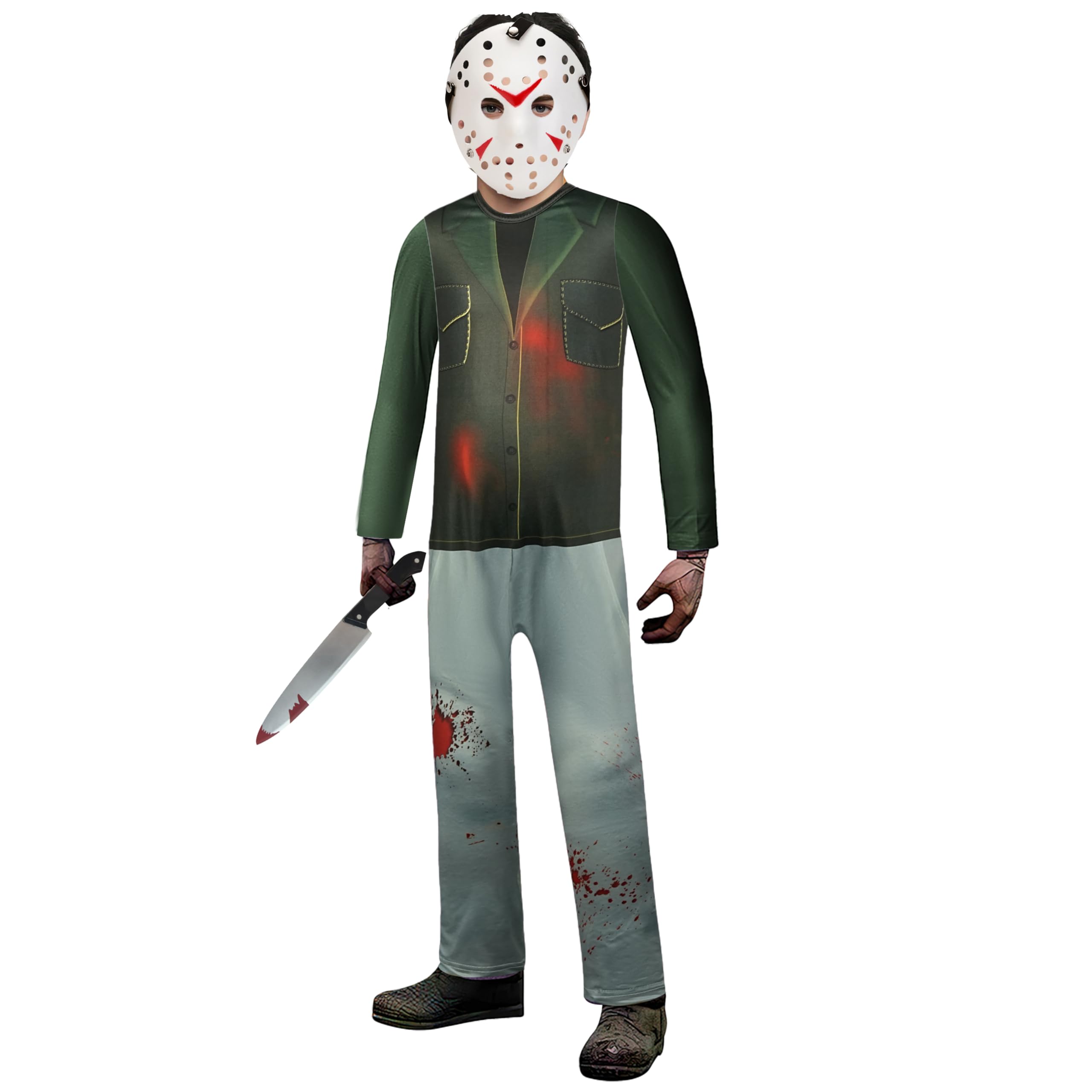 Photo 1 of Scary Halloween Costume for Kids Boy Friday Horror Killer Jumpsuit Jason Cosplay with Mask Toys Machete Set 6-12 Years