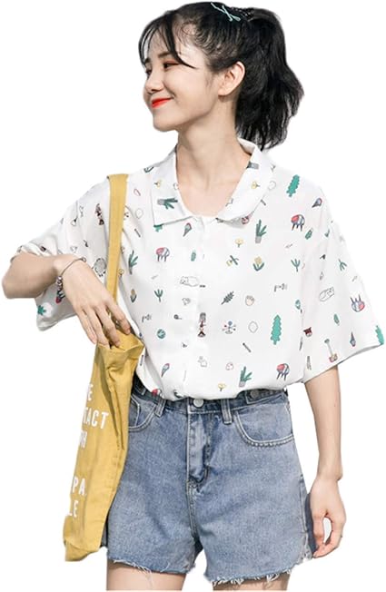 Amazon セイーワイ 女性 プリント シャツ半袖 トップス レディース アロハシャツ 半袖 体型カバー 花柄 シャツ ボタン付き原宿系 Poloシャツ ゆったり シャツ ブラウス 通販