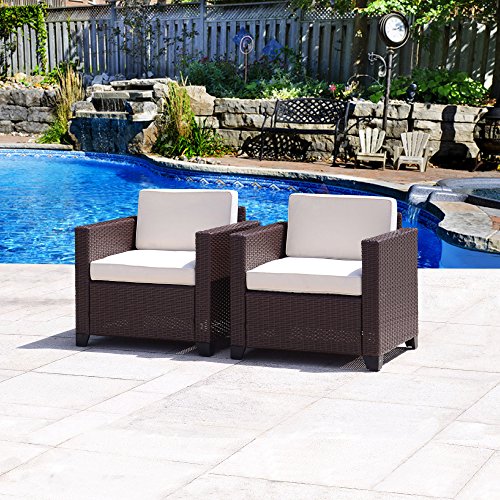 Cloud Mountain Set of 2 Patio Wicker Club Chairs Set Outdoor Patio Dining Sofa Chairs Garden Lounge Seating Chairs, Cocoa Brown Rattan with Creamy White Cushions