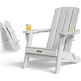 Harbweb Folding Adirondack Chair with Wood Texture, HDPE All-Weather Fire Pit Chairs, Plastic Adirondack Chairs with 2 Cup Holder, Outdoor Lawn Chair for Patio Garden (White)
