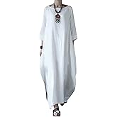Jacansi Women's Cotton Linen Dress with Pocket Oversized Loose Dress Kaftan Dress