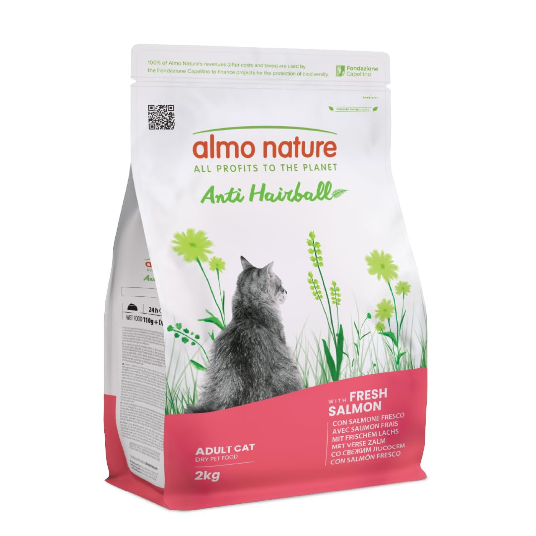 Almo Nature Anti Hairball - Adult Cat Kibble with Fresh Salmon, with a Blend of Vegetable Fibres to Counteract the Formation of Hairballs - 2kg Bag