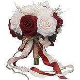 LEIFENY Wedding Bouquets for Bride, Champagne White & Burgundy Bridal Bridesmaid Wedding Flowers, Artificial Toss Rose for Civil Ceremony (Jute Rope Handle)
