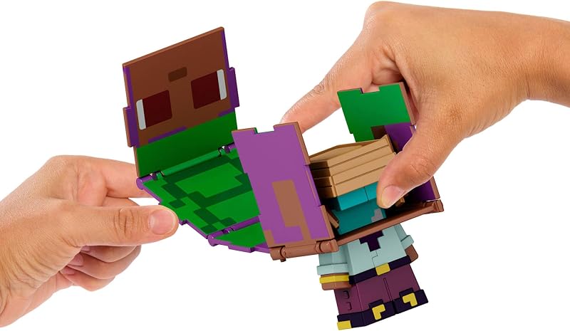Minecraft Flippin' Figs Pack de duas figuras de ação à escala 9,5cm com cabeças grandes, figuras 2 em 1 para jogo rápido com as mãos, Efe/barco e golfinho/baú do tesouro, JCY31