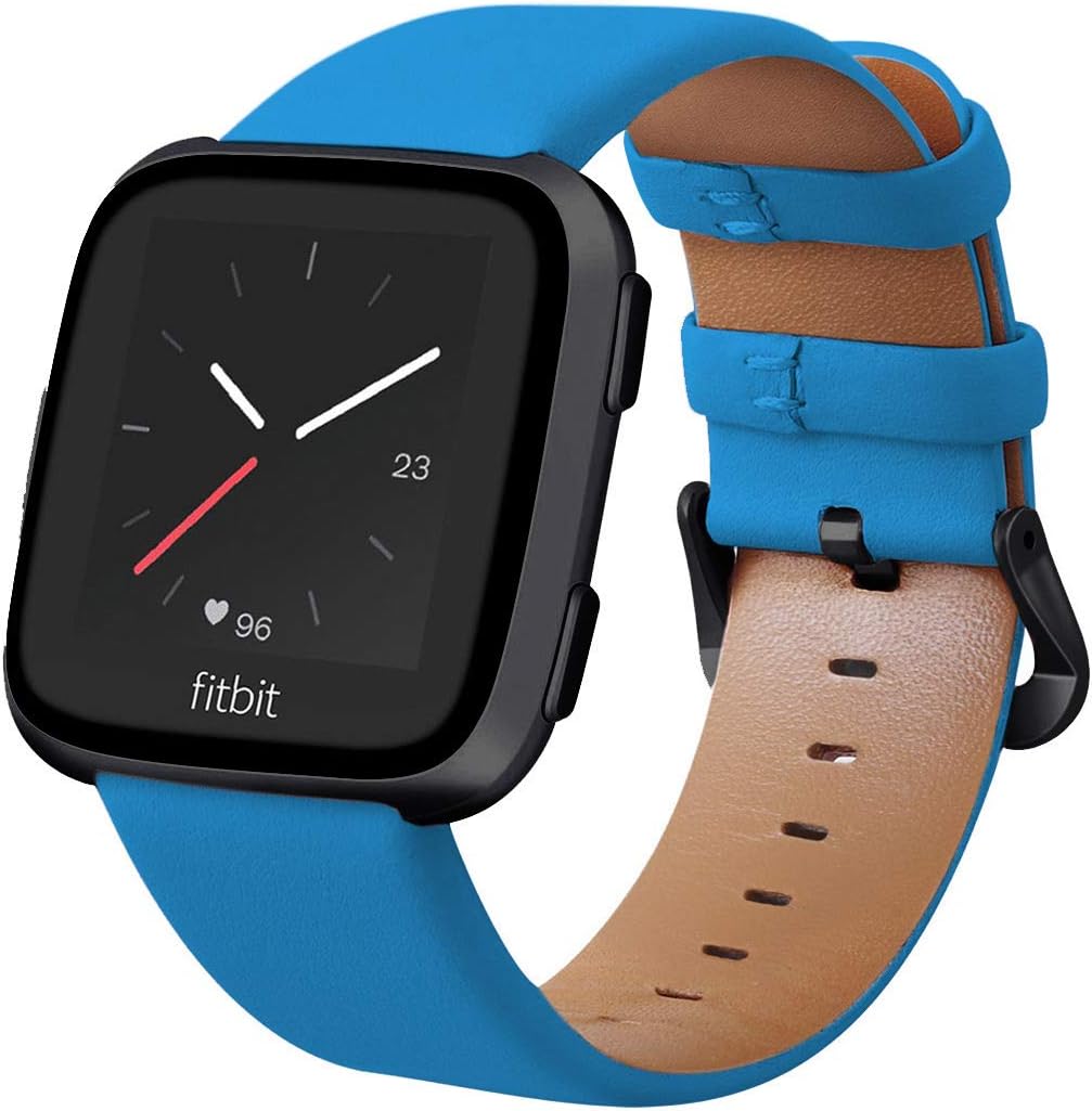 KADES for Fitbit Versa 2 Bands, Leather Band Replacement Strap Compatible with Fitbit Versa 2/Versa/Versa Lite/Versa SE Smartwatch for Women Men (Blue Band+Black Buckle)