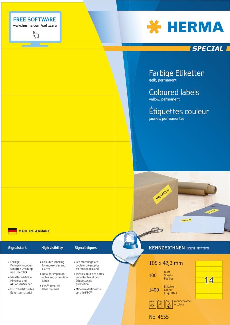 HERMA Self Adhesive Coloured Labels, 14 Labels per A4 Sheet, 100 Sheets, 105 x 42.3 mm, 1400 Labels - Image 4