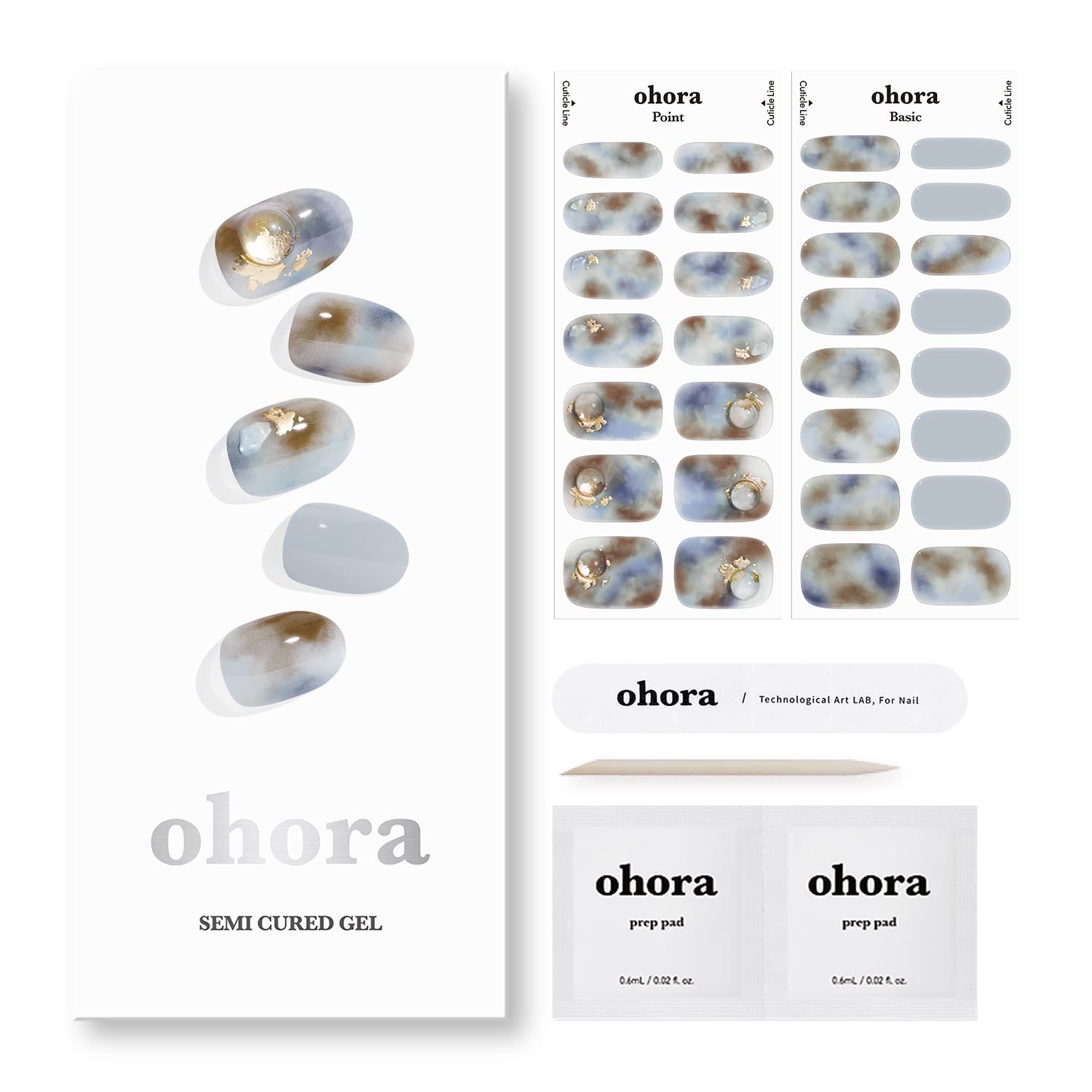 ohora Semi Cured Gel Nail Strips (N Daybreak) - Blue/Brown, Gemstone, 330 Pcs, 2 Cycles, UV Lamp Compatible, Salon-Quality, Long-Lasting & Easy to Apply, Includes 2 Prep Pads, Nail File & Stick