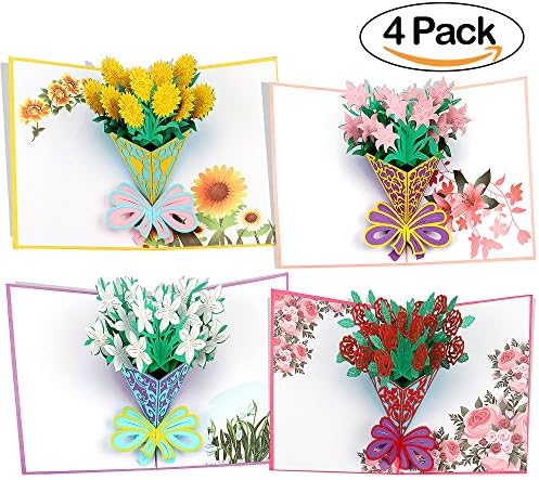 3D Pop Up Greeting Card for All Occasions Flower Pop Up Cards Mother's Day Springtime Birthday Card for All Occasions (4 flowers)