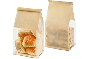 Ohuimrt 50 PCS Bread Bags for Homemade Breads, 5.1 x 3.9 x 11 Inches Brown Kraft Paper Bakery Bags with Tin Tie Tab Lock Sourdough Bread Bags with Window Baked Foods Packaging Storage