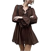 Floerns Women's Tie Front Long Sleeve Mini Dress Ruffle V Neck Fall Wedding Guest Dresses