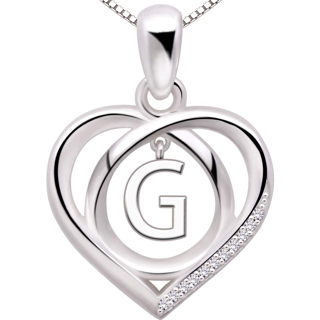ALOV Jewelry Sterling Silver Initial G Letter Alphabet Love Heart Cubic Zirconia Pendant Necklace